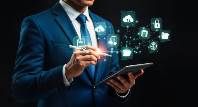 Cloud Computing und digitale Datenverwaltung durch Gesch&auml;ftsmann mit Tablet und modernen Symbolen