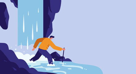 Adventurous person wading through water with a walking stick near a flowing waterfall in a serene natural landscape. Ideal for travel, outdoor lifestyle, or nature exploration concepts.
