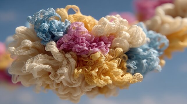 A vibrant, abstract cloud-like form composed of swirling threads in pastel hues of light yellow, cream, pink, and light blue against a pale blue sky. - Powered by Adobe