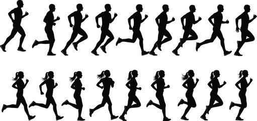 Running silhouettes collection of men and women jogging, sprinting, and exercising — athletic vector icons for sports and fitness designs