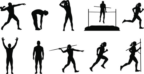 Set of 10 track and field sport silhouette icons with athletes running, jumping, and throwing equipment