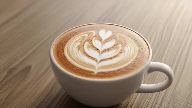beautiful latte art coffee cup on wooden table