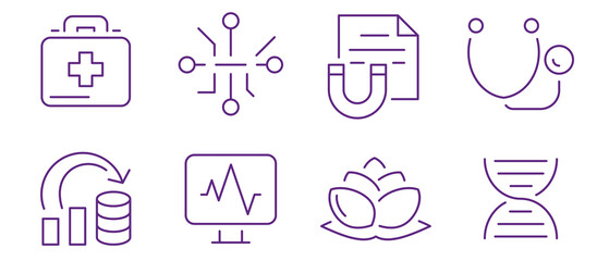Diverse icons represent healthcare, technology, finance, and wellness