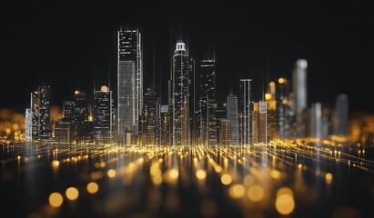 Glowing light beam city skyline with gold and silver modern skyscrapers on black background featuring bokeh effect for big data technology concept