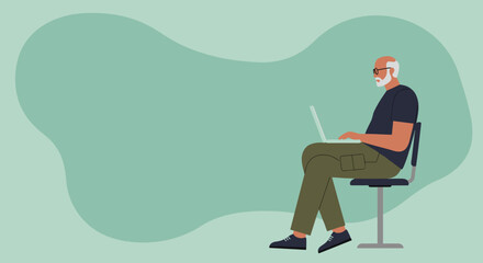 Senior man with laptop, embodying digital literacy and remote work. Ideal for themes of experienced professionals, lifelong learning, and modern lifestyle.