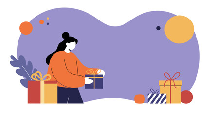 Woman holding a gift box, surrounded by presents on an abstract background. Perfect for holiday promotions, celebrations, and special occasion themes.