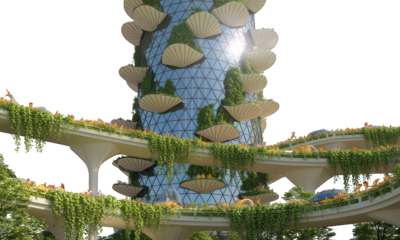 Futuristic tower with greenery, elevated roads and sunlight on dome