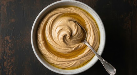 Creamy homemade hummus with olive oil served in a bowl with a spoon