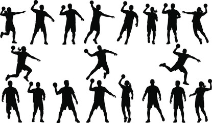 Set of 18 ball sport silhouette icons with athletes throwing, catching, and holding balls in action poses