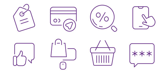 Collection of modern e-commerce icons representing online shopping and customer engagement.