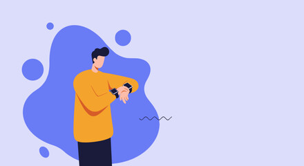 Modern man checking his smartwatch, symbolizing time management, productivity, and digital connectivity in a minimalist illustration with copy space.
