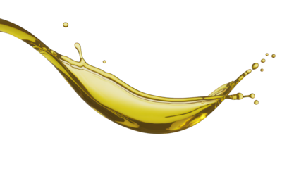 Yellow liquid splash suspended in air, against a black background