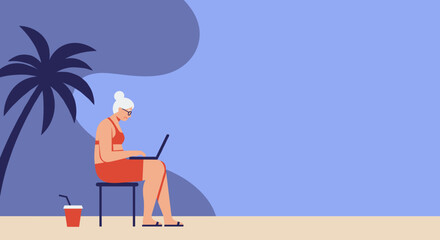 Senior woman working remotely on laptop at a tropical beach, embodying a modern, flexible lifestyle and digital nomad concept.