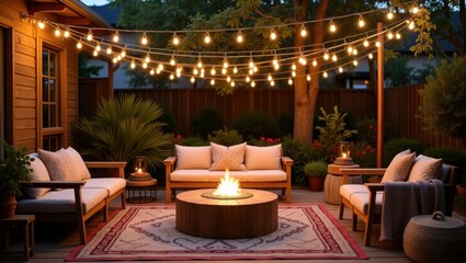 Fototapeta premium Elegant Backyard Lounge with String Lights and Fire Pit – Modern Outdoor Living Space