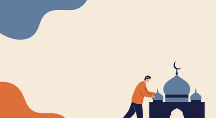 Man preparing a mosque, symbolizing Islamic traditions and celebration. Ideal for religious events, cultural designs, or festive greetings like Ramadan and Eid. © Picassology