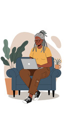 An older Black woman with dreadlocks and glasses works comfortably on her laptop from a cozy armchair. Ideal for remote work, education, or modern lifestyle concepts.