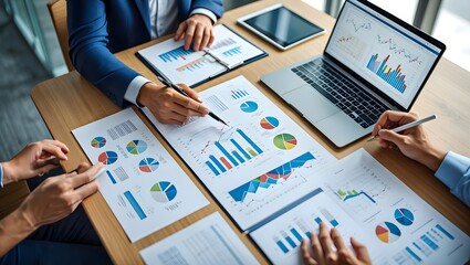Business meeting financial data analysis charts graphs laptop tablet office workspace desk