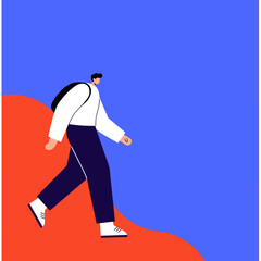 Illustration of a person with a backpack walking across a vibrant blue and red background, symbolizing a journey, commute, or modern lifestyle.