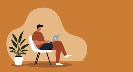 Man comfortably working on laptop at home. Ideal for remote work, online education, or digital lifestyle concepts.