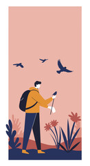 Hiker with backpack enjoying nature, observing a bird on a stick amidst flying birds and plants. Represents exploration, leisure, and outdoor lifestyle.
