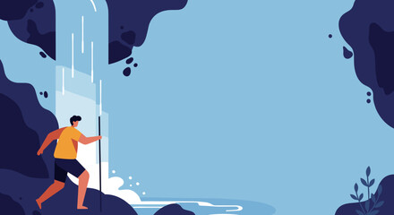 A man with a walking stick treks past a beautiful waterfall, symbolizing adventure, travel, and the exploration of nature. Ideal for journey and outdoor lifestyle concepts.