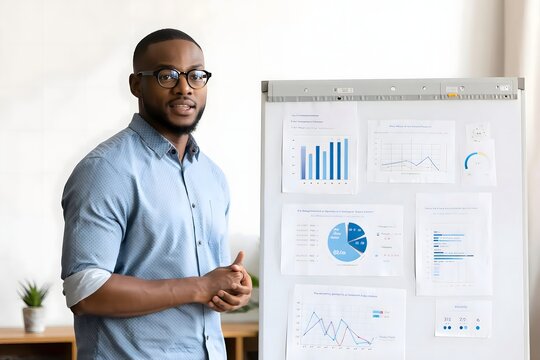 Business presentation by african american man with graphs and charts on whiteboard display
