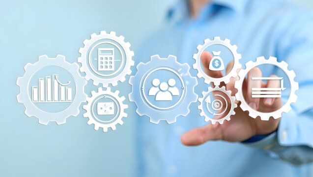 Business process automation concept with gears and icons for efficiency and workflow