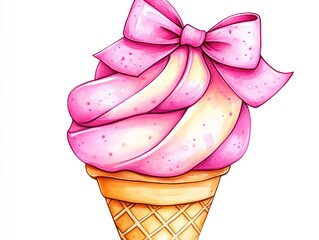 Cute pink bow on a vanilla ice cream cone, in the style of coquette core, preppy,coquette aesthetic,girly