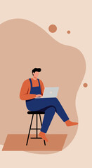 Man in overalls working on a laptop, representing remote work, digital entrepreneurship, or online learning. Ideal for business and lifestyle content.