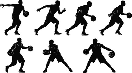 Set of six basketball player silhouette icons dribbling ball in dynamic action poses for sports design