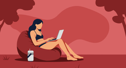 Woman in swimsuit works on laptop outdoors in a relaxed setting, embodying remote work, digital nomad lifestyle, and summer leisure.