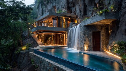 Stunning modern cliffside villa with infinity pool and cascading waterfall blends luxury with nature