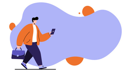 Stylish man commutes, using smartphone while carrying briefcase. Modern illustration for work, communication, or everyday life.