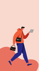 A modern person walks briskly, holding a laptop and bag, depicting mobile lifestyle, remote work, or a busy student. Ideal for business, technology, or urban concepts.