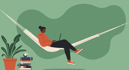 Person working on a laptop in a hammock, embodying remote work, comfort, and work-life balance in a relaxed setting.