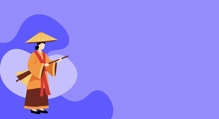 Person in traditional Asian robe and conical hat holding a staff, symbolizing culture, history, and a peaceful journey.