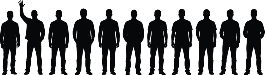 Silhouettes of people standing in a row with one individual raising an arm for emphasis