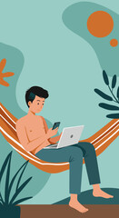Relaxed man working remotely from a hammock, using laptop and phone. Ideal for digital nomad, flexible work, travel, and leisure concepts.