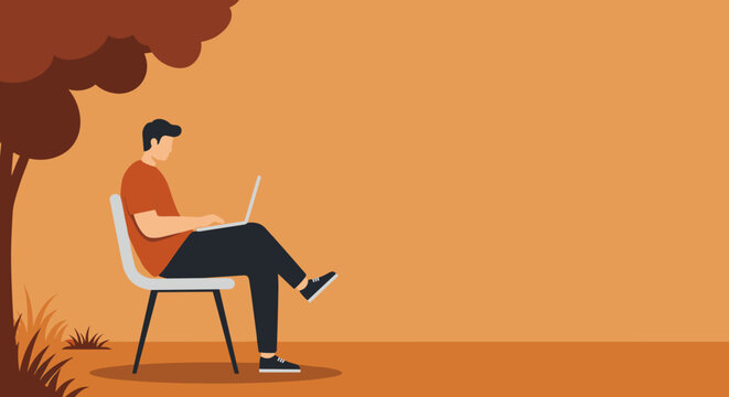 Man using laptop outdoors under a tree, representing remote work, digital nomad lifestyle, productivity, and work-life balance in nature.