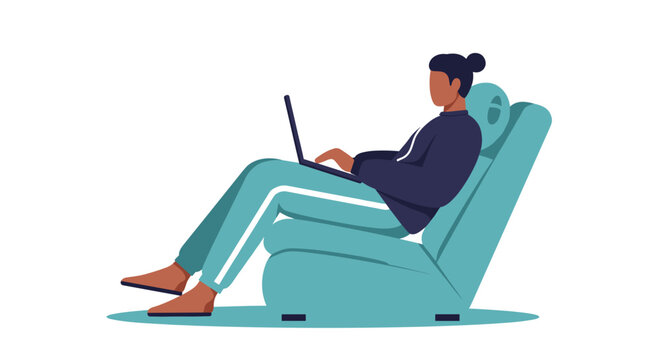 Relaxed person working on a laptop from a comfortable armchair. Perfect for concepts of remote work, online learning, freelancing, or home leisure.