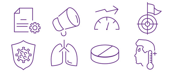 Collection of healthcare and medical icons representing treatment, progress, and well-being