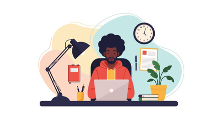 Happy Black man working remotely on laptop at a home desk, surrounded by office supplies. Ideal for business, education, and lifestyle concepts.