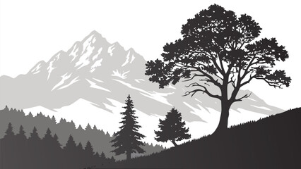 A black and white landscape image features silhouetted trees and mountains against a lighter background.
