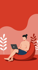 Man working remotely on a laptop in a comfortable bean bag chair at home. Illustrates flexible work, leisure, and modern lifestyle.