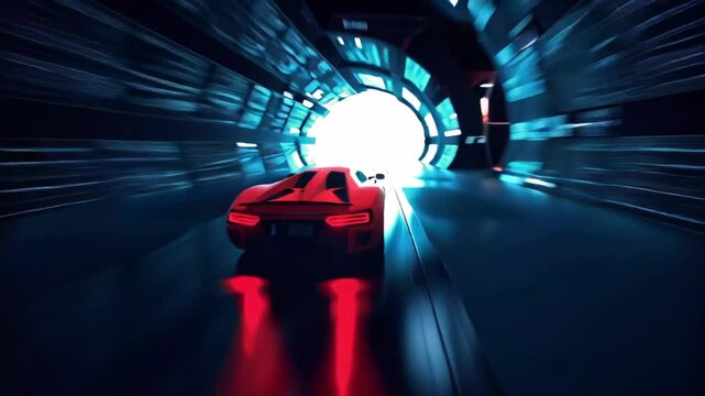 Sleek red supercar accelerating through a futuristic blue light tunnel, a concept of speed and advanced technology.