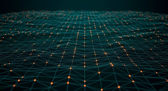 Abstract Digital Network Glowing Dots and Lines on Dark Teal Background.