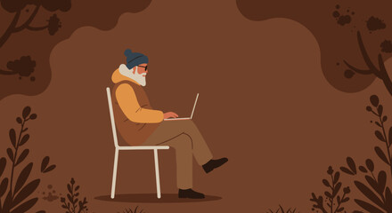 Senior man sits comfortably outdoors, using his laptop. Ideal for themes of remote work, leisure, technology, and digital lifestyle.