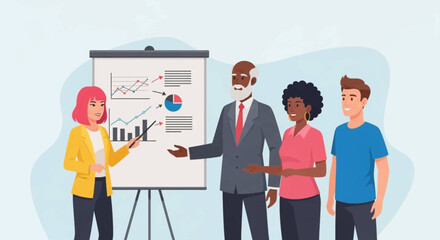 Diverse business team collaborating during a meeting. Woman presents growth charts on whiteboard, discussing strategy and analysis. Ideal for teamwork and finance.
