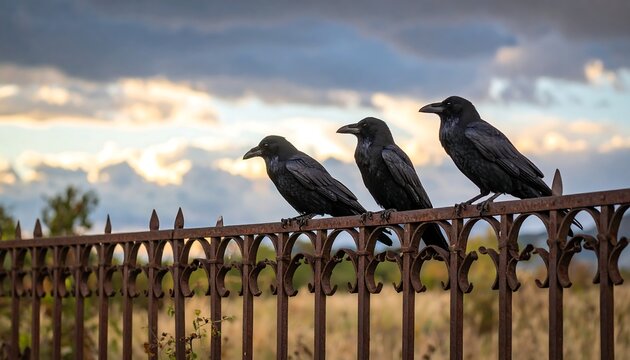 Three crows perched on an ornate metal fence at sunset