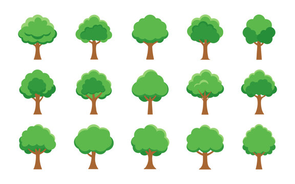 Green trees illustration set isolated on white background